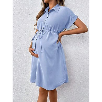Women's Maternity Button-Front Dress Collared Short Sleeve Drawstring Waist Dress