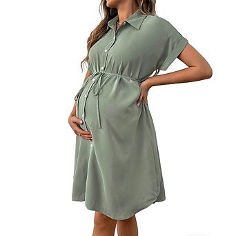 Women's Maternity Button-Front Dress Collared Short Sleeve Drawstring Waist Dress