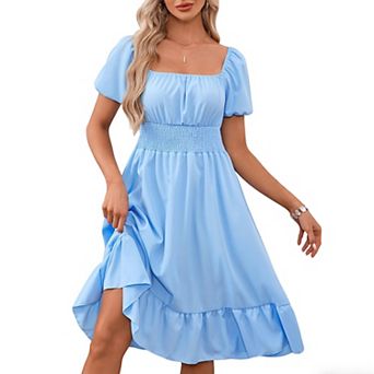 Women's Square Neck Smocked Waist Ruffle Puff Short Sleeve Midi Dress Casual Summer Short Dress