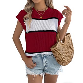 Women's Striped Loose Sleeveless Sweater Knit Top Summer Casual Vacation Shirt Crew Neck Blouse