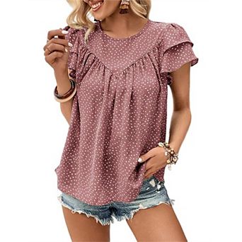 Women's Polka Dot Print Ruffle Short Sleeve Blouse Summer Casual Flowy Feminine Top Crew Neck Shirt