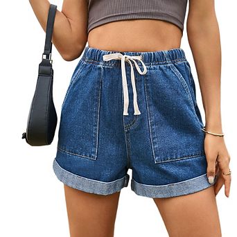 Womens Casual Denim Shorts Elastic Waist Drawstring Comfy Summer Beach Outdoor Jean Shorts