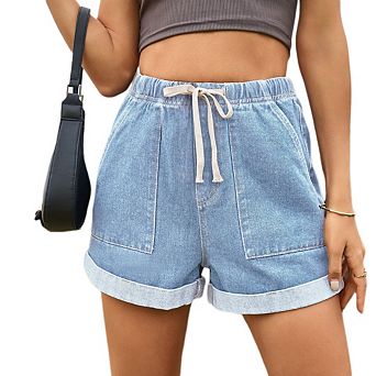 Womens Casual Denim Shorts Elastic Waist Drawstring Comfy Summer Beach Outdoor Jean Shorts