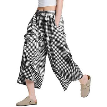 Womens Wide Leg Pants Gingham Plaid Culottes Summer Casual Loose Elastic Waist Trousers Bottoms