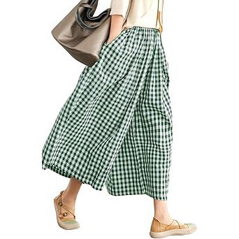 Womens Wide Leg Pants Gingham Plaid Culottes Summer Casual Loose Elastic Waist Trousers Bottoms