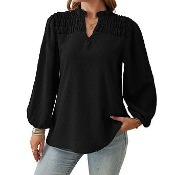 Womens Long Sleeve Blouse Smocked Stand Collar V Neck Puff Sleeve Relaxed Fit Casual Tops