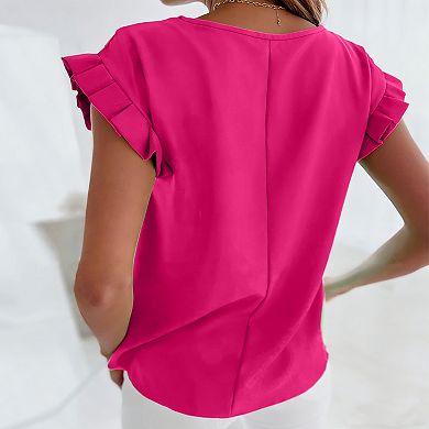 Women's Short Sleeve Round Neck Ruffle Blouse Summer Casual Simple Daily Top