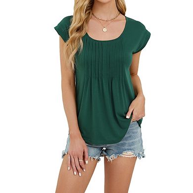 Women's Short Sleeve Blouse Square Neck Pleated Relaxed Fit Casual Tops