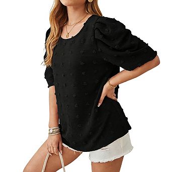 Women's Short Sleeve Blouse Round Neck Puff Sleeve Textured Pom Relaxed Fit Casual Tops