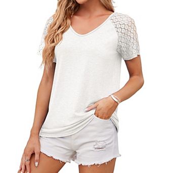 Women's Short Sleeve V Neck T Shirt Panel Mesh Casual Loose Fit Top