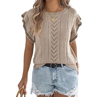 Women's Round Neck Knit Top Ruffle Sleeve Casual Short Sleeve Knitwear