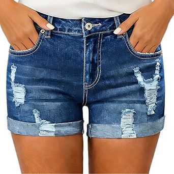 Womens High Waist Distress Denim Shorts Stretchy Roll Cuff Rip Jean Shorts Summer Daily Wear Bottoms