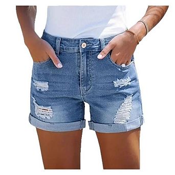 Womens High Waist Distress Denim Shorts Stretchy Roll Cuff Rip Jean Shorts Summer Daily Wear Bottoms