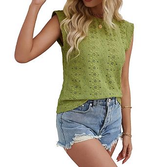 Women's Sleeveless Blouse Round Neck Embroidery Relaxed Fit Lightweight Casual Summer Tops