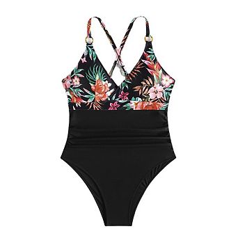 Women Plus Size One Piece Swimsuits V Neck Slim Fit Bathing Suits Ruched Swimwear