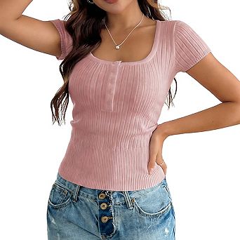 Women's Short Sleeve Knit Top Square Neck Button Ribbed Fitted Casual Tops