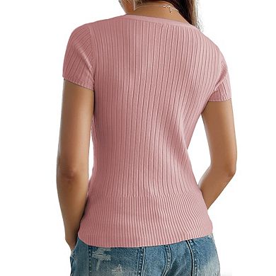 Women's Short Sleeve Knit Top Square Neck Button Ribbed Fitted Casual Tops