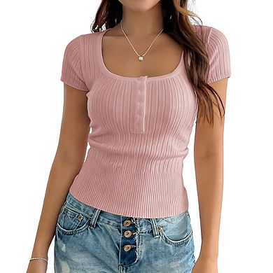 Women's Short Sleeve Knit Top Square Neck Button Ribbed Fitted Casual Tops