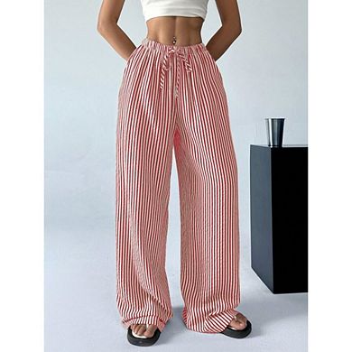 Womens Striped Gingham Pants Pajama Drawstring Wide Leg Cute Casual Lounge Plaid Pants with Pockets