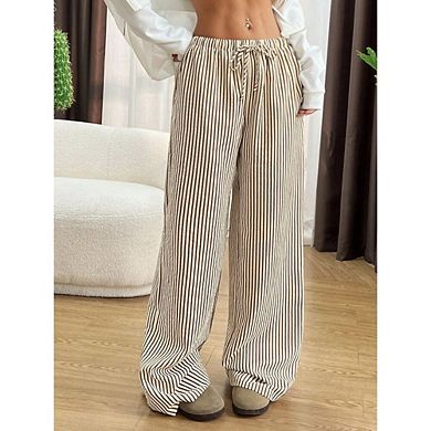 Womens Striped Gingham Pants Pajama Drawstring Wide Leg Cute Casual Lounge Plaid Pants with Pockets