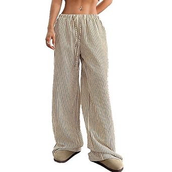 Womens Striped Gingham Pants Pajama Drawstring Wide Leg Cute Casual Lounge Plaid Pants with Pockets