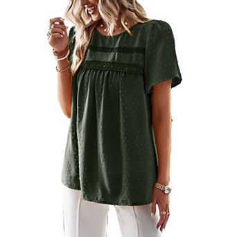 Women's Round Neck Short Sleeve Blouse, Relaxed Fit Eyelet Trim Casual Shirt for Daily&Office Wear