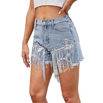 Womens Rhinestone Tassel Jean Denim Shorts Diamond Ripped High Waist Blue Jean Summer Shorts