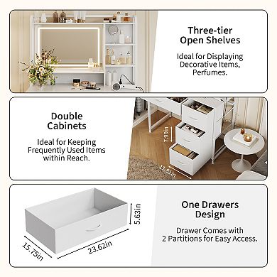 Vanity Desk with Mirror, Vanity Table with 4 Fabric Drawers & Shelves, Adjustable LED Lights