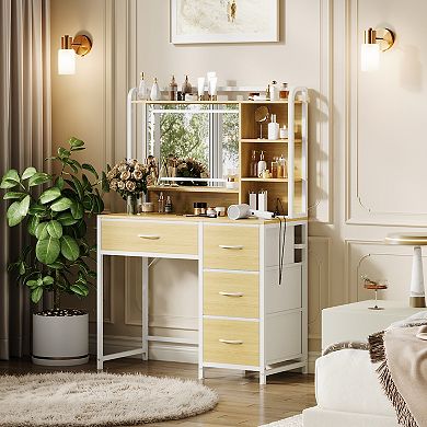 Vanity Desk with Mirror, Vanity Table with 4 Fabric Drawers & Shelves, Adjustable LED Lights
