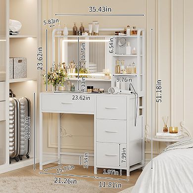 Vanity Desk with Mirror, Vanity Table with 4 Fabric Drawers & Shelves, Adjustable LED Lights