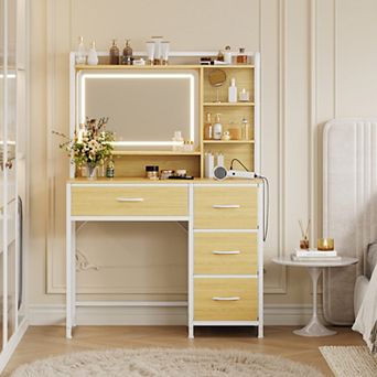 Vanity Desk with Mirror, Vanity Table with 4 Fabric Drawers & Shelves, Adjustable LED Lights