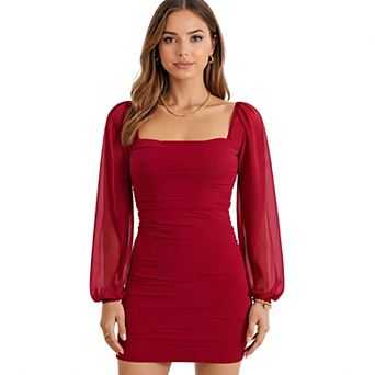 Women Ruched Mesh Bodycon Club Mini Dress