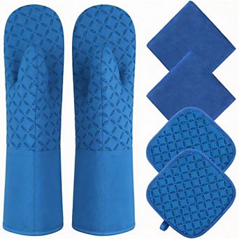 6 pc Oven Mitts & Pot Holders Set 500°F Silicone Grip Cotton