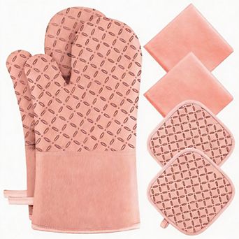 6 pc Oven Mitts & Pot Holders Set 500°F Silicone Grip Cotton