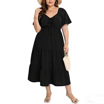 Women's Plus Size Ruffle Tiered Midi Dress Flounce Sleeve V-Neck Tie-Front Casual Summer Dresses