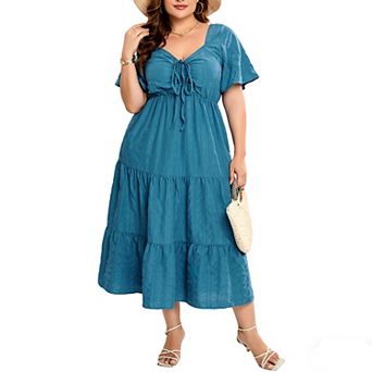 Women's Plus Size Ruffle Tiered Midi Dress Flounce Sleeve V-Neck Tie-Front Casual Summer Dresses