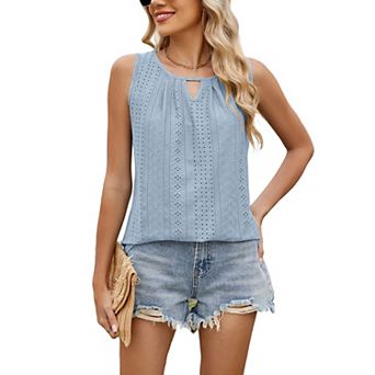 Women's Sleeveless Eyelet Blouse Summer Round Neck Keyhole Tank Top for Casual Wear