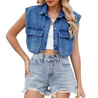Women's Sleeveless Denim Crop Vest Button-Front Shirt Waistcoat Chest Pockets for Casual Layering