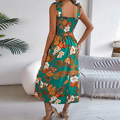 Women's Square Neck Smocked Midi Dress Summer Tie Strap Floral Sundresses