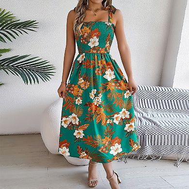 Women's Square Neck Smocked Midi Dress Summer Tie Strap Floral Sundresses