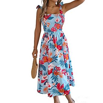 Women's Square Neck Smocked Midi Dress Summer Tie Strap Floral Sundresses
