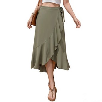 Wrap-Style Ruffled Midi Skirt with Elastic Waist & Tie Detail Flowy Asymmetrical Hem Casual Skirt