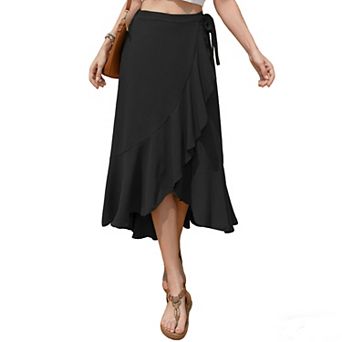 Wrap-Style Ruffled Midi Skirt with Elastic Waist & Tie Detail Flowy Asymmetrical Hem Casual Skirt
