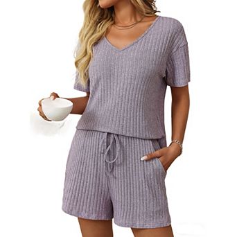 Women's Ribbed Short-Sleeve & Shorts Set - V-Neck Loungewear Two-Piece with Drawstring Waist