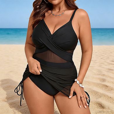 Women's Plus Size Mesh Panel Ruched Swim Dress Wrap V-Neck One-Piece Swimsuit with Adjustable Straps
