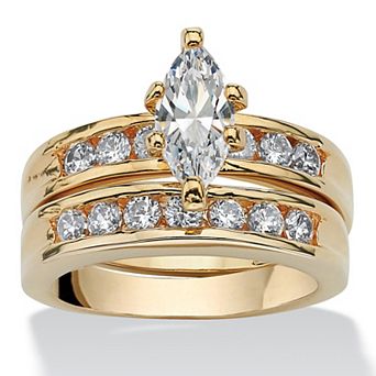 PalmBeach Jewelry 1.78 TCW Marquise-Cut Cubic Zirconia Bridal Set Gold-Plated