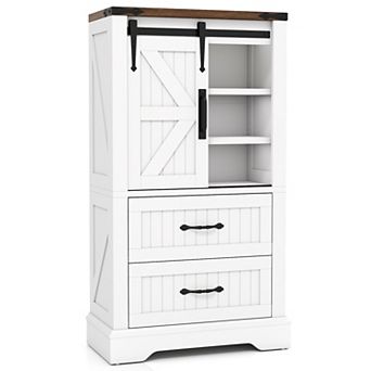 Gymax Farmhouse Bathroom Floor Cabinet w/Sliding Door Adjustable Shelves & 2 Drawers