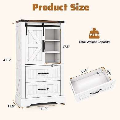 Gymax Farmhouse Bathroom Floor Cabinet w/Sliding Door Adjustable Shelves & 2 Drawers