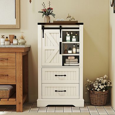 Gymax Farmhouse Bathroom Floor Cabinet w/Sliding Door Adjustable Shelves & 2 Drawers