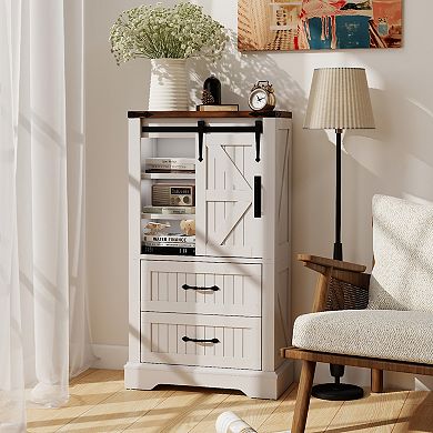 Gymax Farmhouse Bathroom Floor Cabinet w/Sliding Door Adjustable Shelves & 2 Drawers